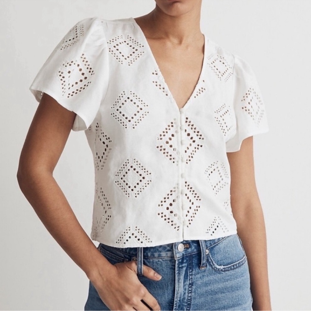 Madewell Linen Blend Eyelet Flutter Sleeve Crop Top in White